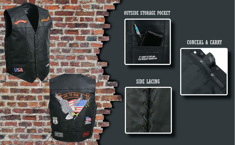 EVENT LEATHER ELM3930 Menâ€™s Black Motorcycle Riders Leather Vest w/ 9 Patches and Adjustable Side Laces - 5X-Large - Image 2
